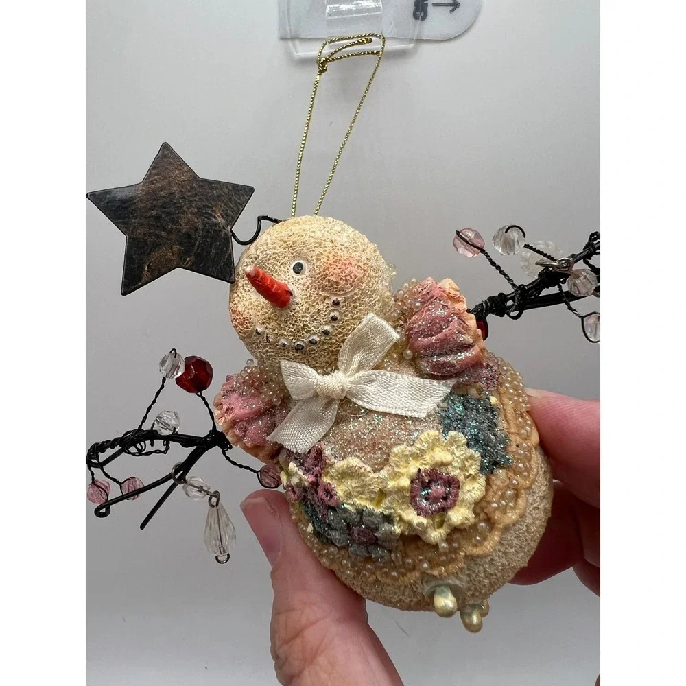 Snowman Ornament Victorian Lace Beaded Cottagecore Shabby Chic Pink Cream Resin